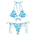White Hawaiian Flowers on Aqua Ocean Blue String Bikini - Extremely Stoked