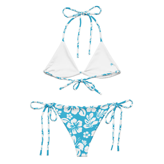 White Hawaiian Flowers on Aqua Ocean Blue String Bikini - Extremely Stoked