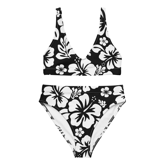 White Hawaiian Flowers on Black High Waisted Bikini – Eco Swimwear by Extremely Stoked®