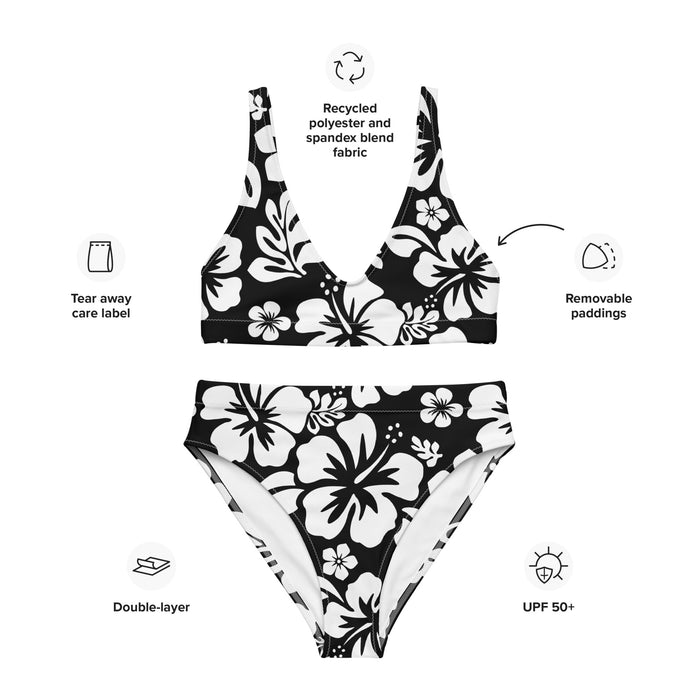 White Hawaiian Flowers on Black High Waisted Bikini – Eco Swimwear by Extremely Stoked®