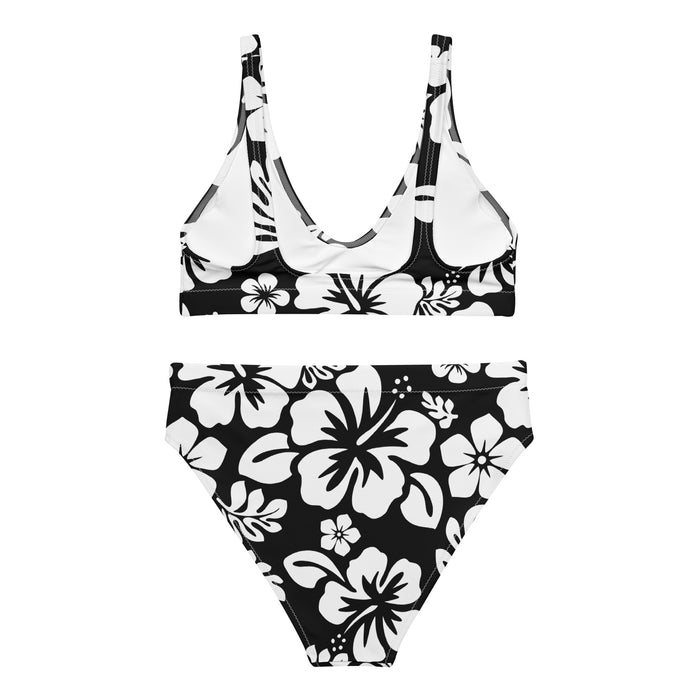 White Hawaiian Flowers on Black High Waisted Bikini – Eco Swimwear by Extremely Stoked®