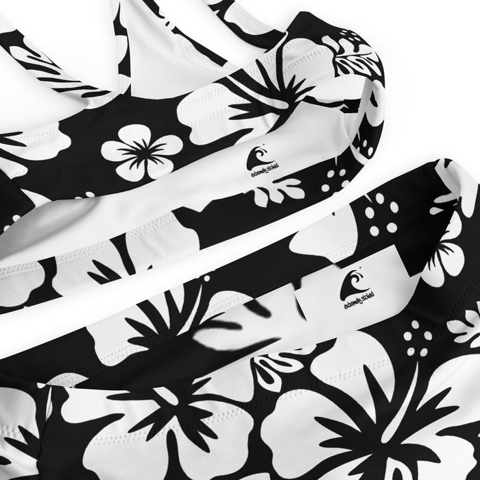 White Hawaiian Flowers on Black High Waisted Bikini – Eco Swimwear by Extremely Stoked®