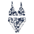 White Hawaiian Flowers on Navy Blue High Waisted Bikini – Eco Swimwear by Extremely Stoked®