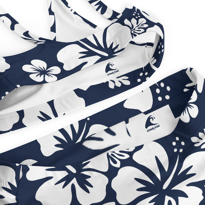 White Hawaiian Flowers on Navy Blue High Waisted Bikini - Extremely Stoked
