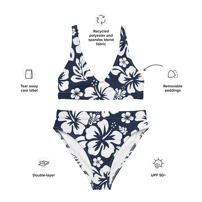 White Hawaiian Flowers on Navy Blue High Waisted Bikini – Eco Swimwear by Extremely Stoked®