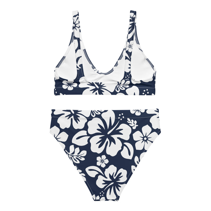 White Hawaiian Flowers on Navy Blue High Waisted Bikini – Eco Swimwear by Extremely Stoked®