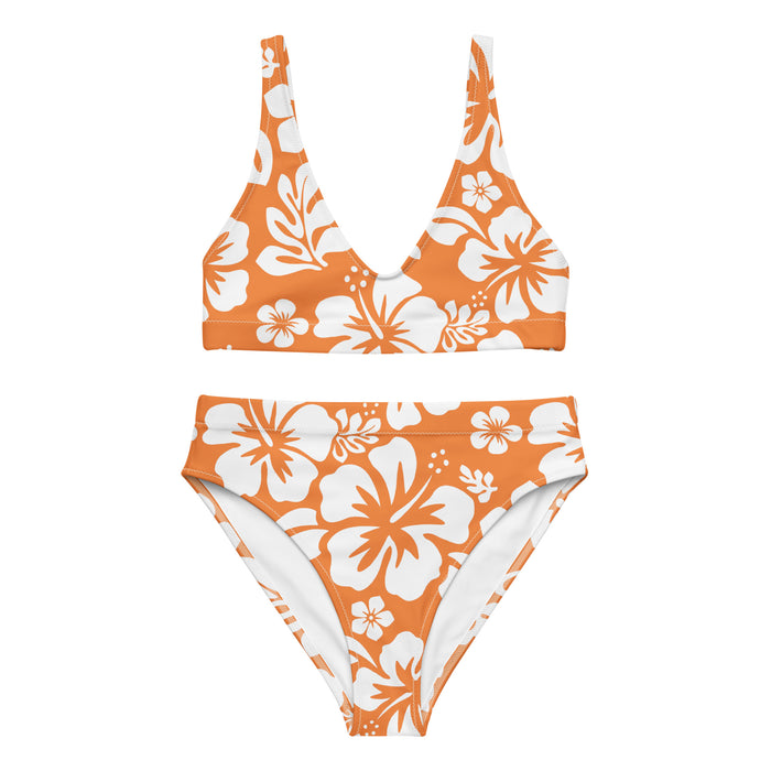 White Hawaiian Flowers on Orange High Waisted Bikini – Eco Swimwear by Extremely Stoked®