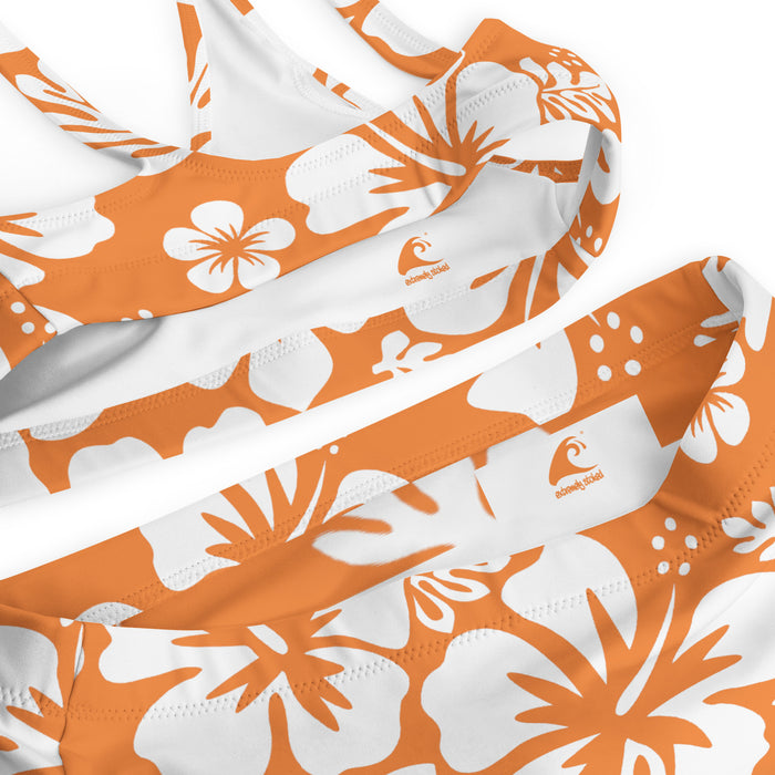 White Hawaiian Flowers on Orange High Waisted Bikini - Extremely Stoked