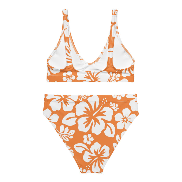 White Hawaiian Flowers on Orange High Waisted Bikini - Extremely Stoked
