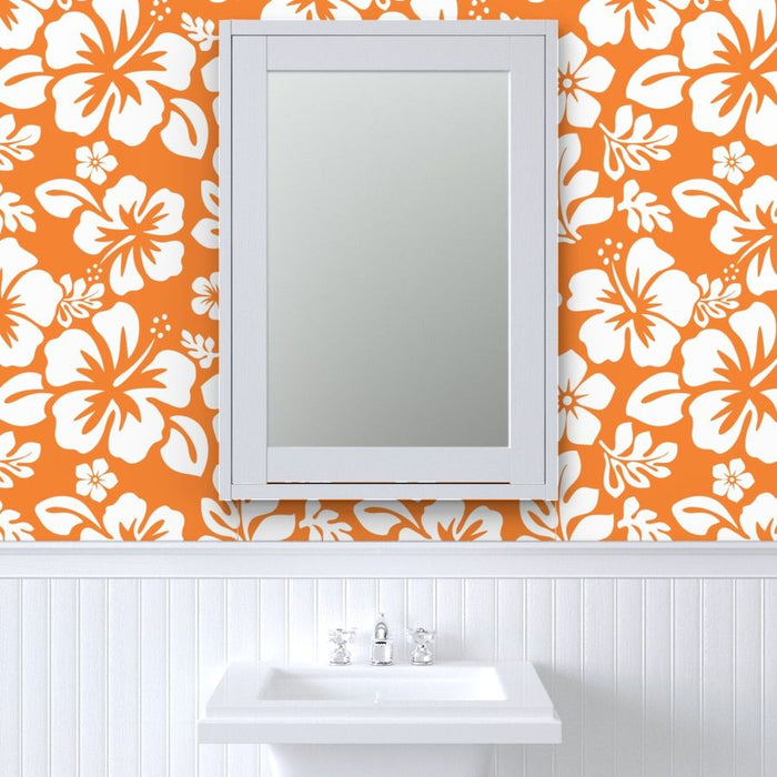 White Hawaiian Hibiscus Flowers on Orange Wallpaper - Extremely Stoked