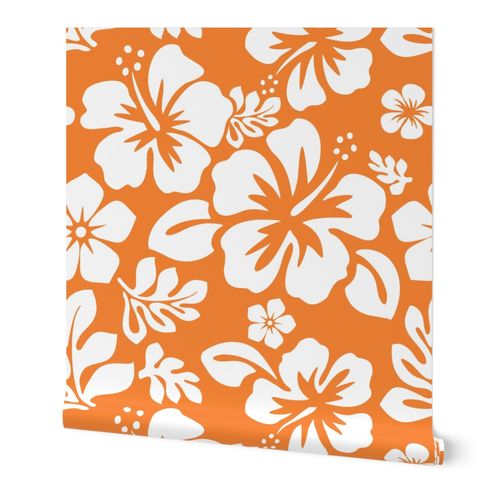 White Hawaiian Hibiscus Flowers on Orange Wallpaper - Extremely Stoked