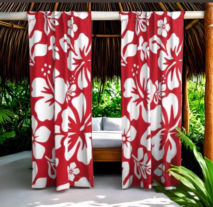 White Hawaiian Flowers on Surfer Red Window Curtains - Extremely Stoked