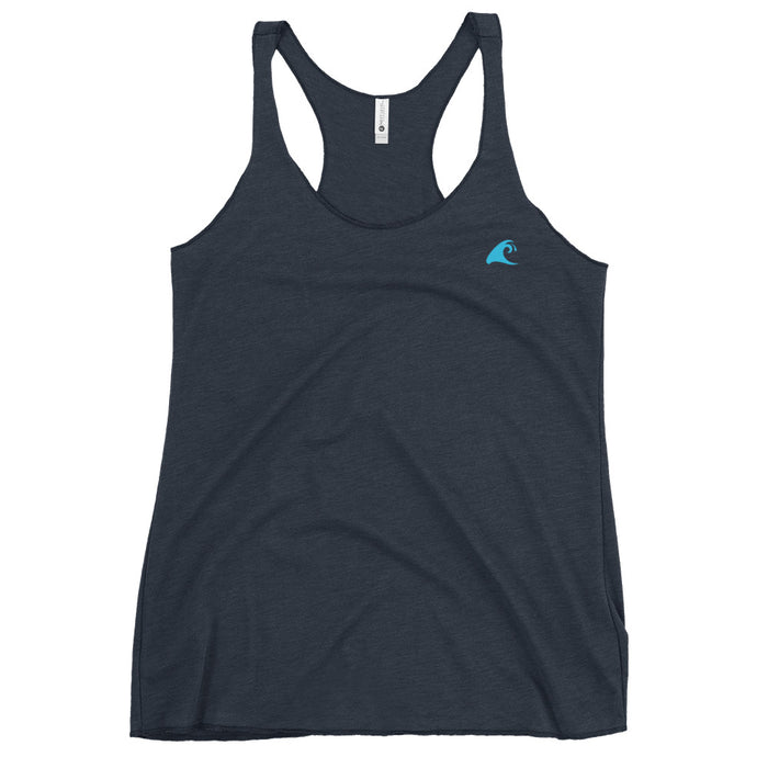 Women’s Navy Blue Racerback Tank Top with Aqua Blue Epic Wave Logo – Extremely Stoked® Athleisure