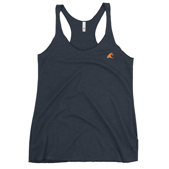 Women’s Navy Blue Racerback Tank Top with Orange Epic Wave Logo – Extremely Stoked® Athleisure