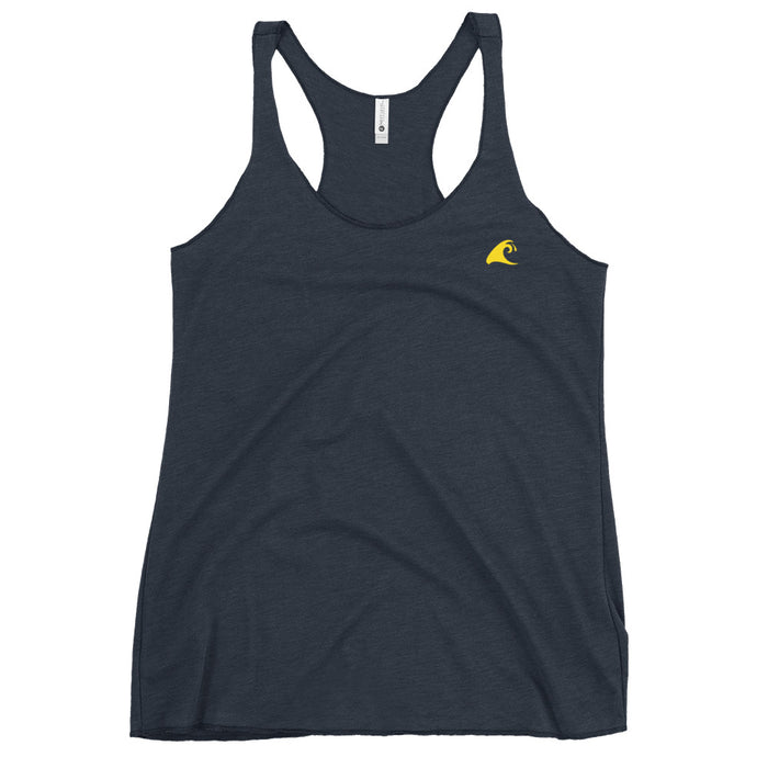 Women’s Navy Blue Racerback Tank Top with Yellow Epic Wave Logo – Extremely Stoked® Athleisure